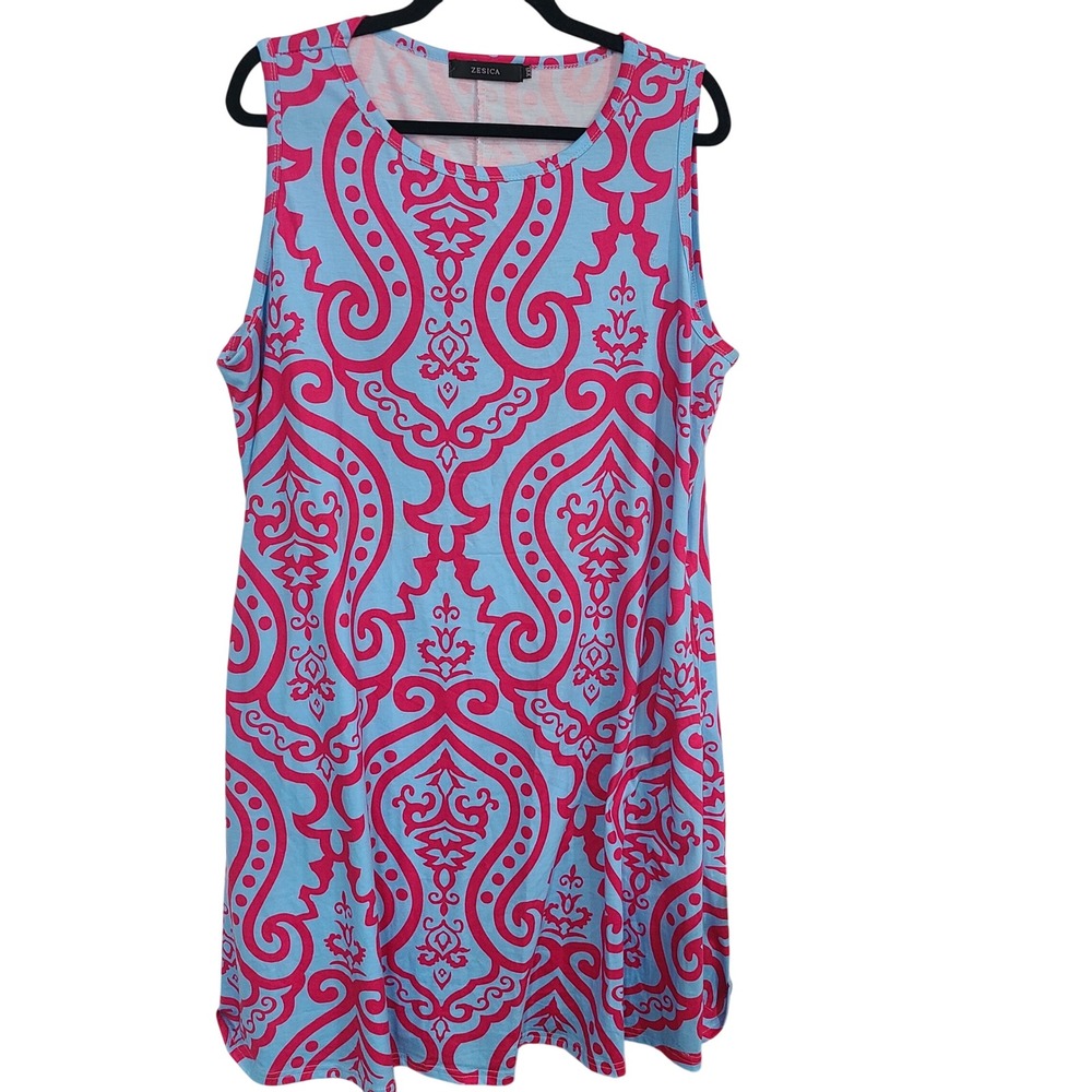 Zesica XXL Blue Pink Damask Scroll Sleeveless Shift Dress Plus Size Knit Stretch